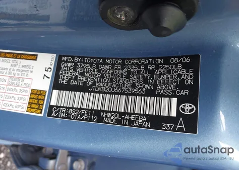 2006 Toyota Prius from USA, damaged, VIN JTDKB20U667539563